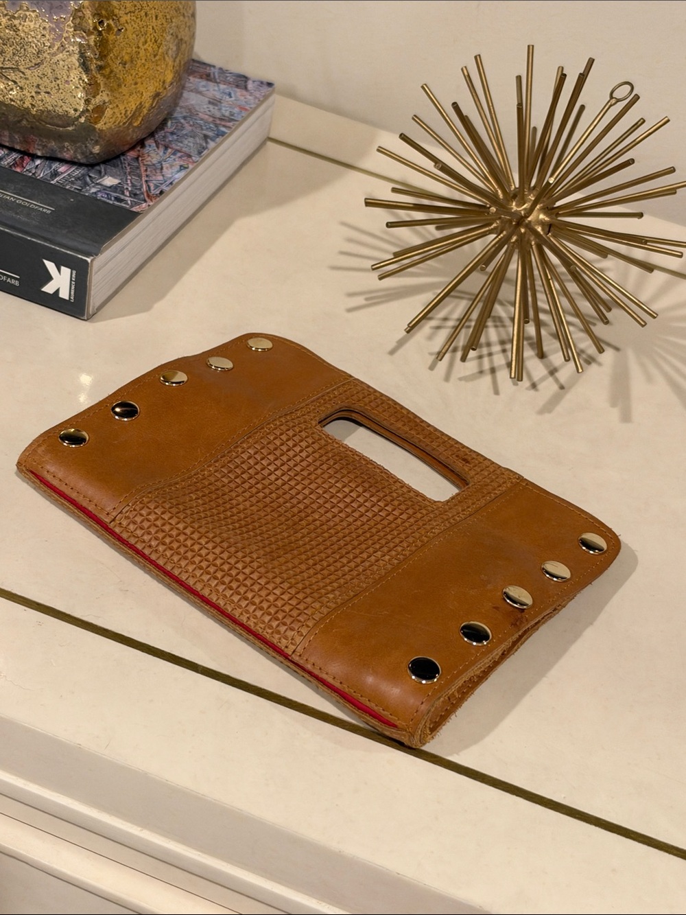 Hammitt Tan Leather Magnetic Clutch with Gold Grommet Studs